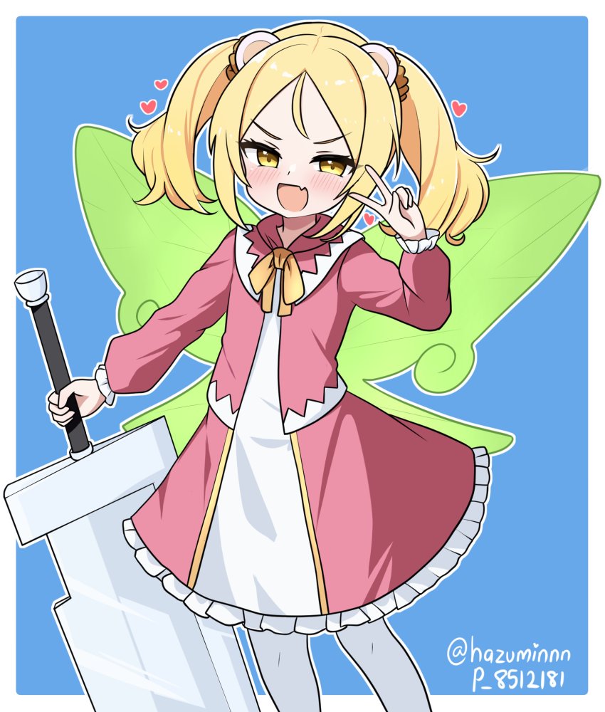 100_percent_orange_juice, 1girl, animal_ears, blonde_hair, blue_background, border, dress, ellie_(orange_juice), fairy_wings, flat_chest, frilled_dress, frills, hamster_ears, hazuein, hyper_ellie_(orange_juice), long_sleeves, neck_ribbon, pantyhose, pink_dress, ribbon, simple_background, solo, sword, twintails, upper_body, v, weapon, white_border, white_dress, white_pantyhose, wings, yellow_eyes, yellow_ribbon