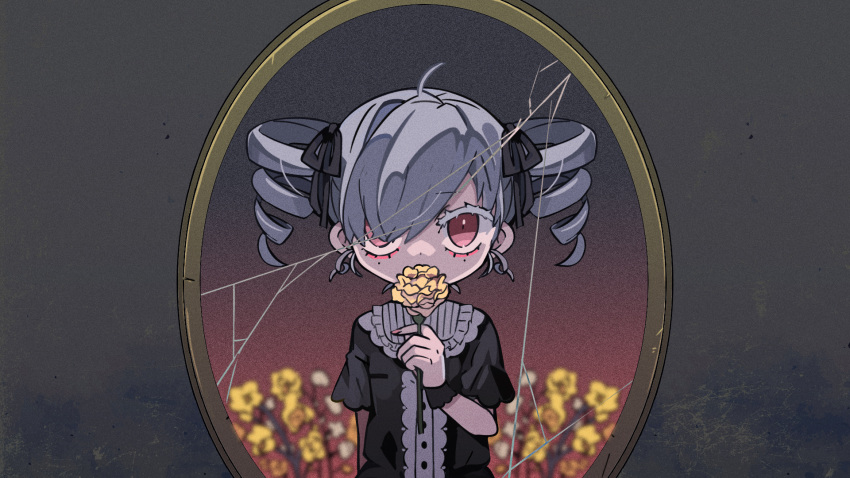 1girl, ahoge, alternate_costume, black_background, black_footwear, black_ribbon, black_sleeves, black_wrist_cuffs, buttons, center_frills, circular_mirror, collar, collared_shirt, colored_eyelashes, covered_mouth, cowboy_shot, crack, cracked_glass, drill_hair, field, fingernails, flower, flower_field, flower_request, flower_to_mouth, frilled_shirt_collar, frills, goth_fashion, grey_hair, hair_over_one_eye, hair_ribbon, highres, holding, holding_flower, kasane_teto, looking_at_viewer, pink_eyes, pink_nails, reflection_focus, ribbon, shirt, short_hair, short_sleeves, short_twintails, simple_background, solo, terada_tera, twin_drills, twintails, upper_body, utaite, utau, white_collar, wrist_cuffs, yellow_flower