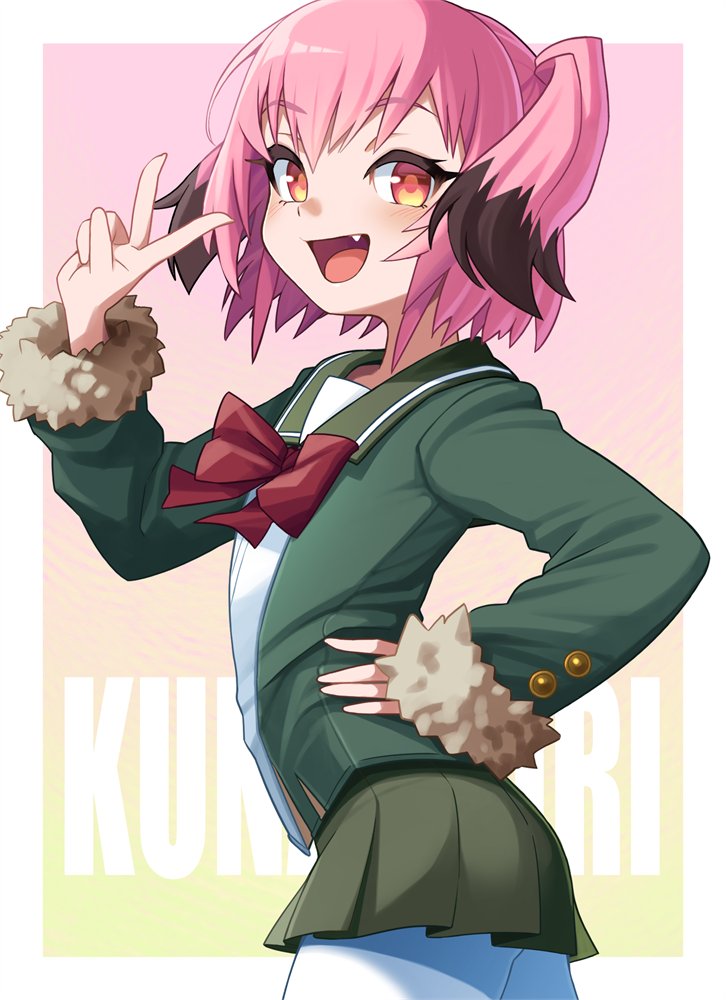 1girl, black_hair, bow, bowtie, character_name, colored_tips, fang, fur-trimmed_sleeves