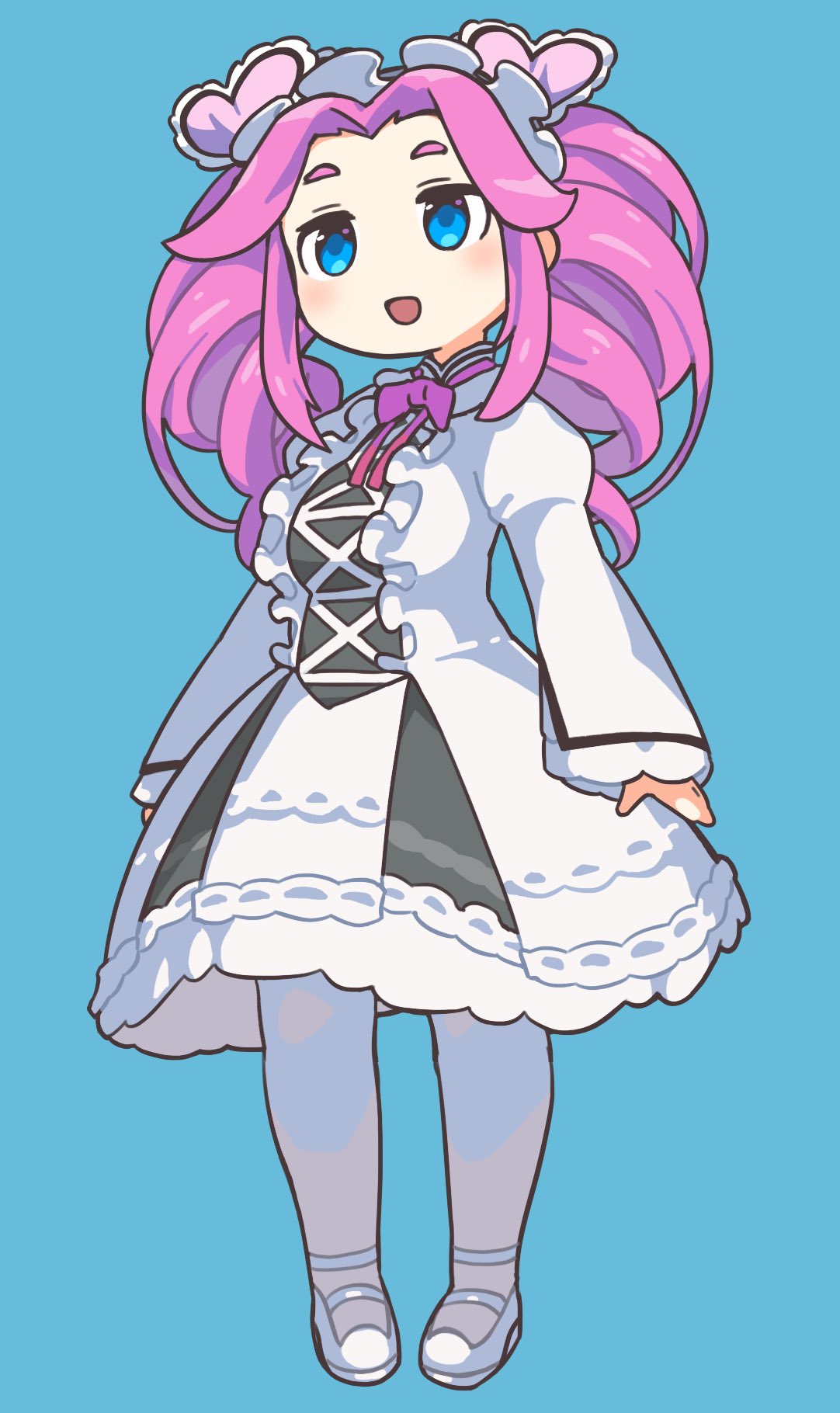 1girl, blue_background, blue_eyes, blush, bow, bowtie, commentary_request, dress, drill_hair, full_body, highres, long_hair, looking_to_the_side, open_mouth, pantyhose, pink_hair, sakamoto_ahiru, shikoku_metan, simple_background, smile, solo, twin_drills, twintails, utau, voicevox, white_dress, white_footwear, white_pantyhose