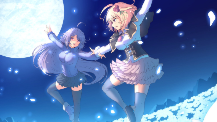 100_percent_orange_juice, 2girls, ahoge, black_capelet, black_corset, black_skirt, black_thighhighs, blonde_hair