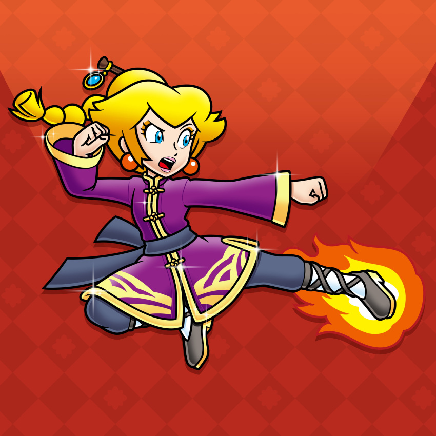 1girl, absurdres, alternate_costume, ankle_socks, black_footwear, black_pants, black_sash, blonde_hair, blue_eyes, braid, braided_ponytail, changpao, chinese_clothes, cross-laced_footwear, doc_shoddy, earrings, eyeshadow, fire, hair_ornament, hairpin, high_ponytail, highres, jewelry, kicking, kung_fu_peach, makeup, nakaue_shigehisa_(style), official_alternate_costume, official_alternate_hairstyle, open_mouth, orange_eyeshadow, pants, pink_lips, princess_peach, princess_peach:_showtime!, purple_shirt, red_background, sash, shirt, shoes, socks, solo, sphere_earrings, super_mario_bros., teeth, waist_sash, white_socks