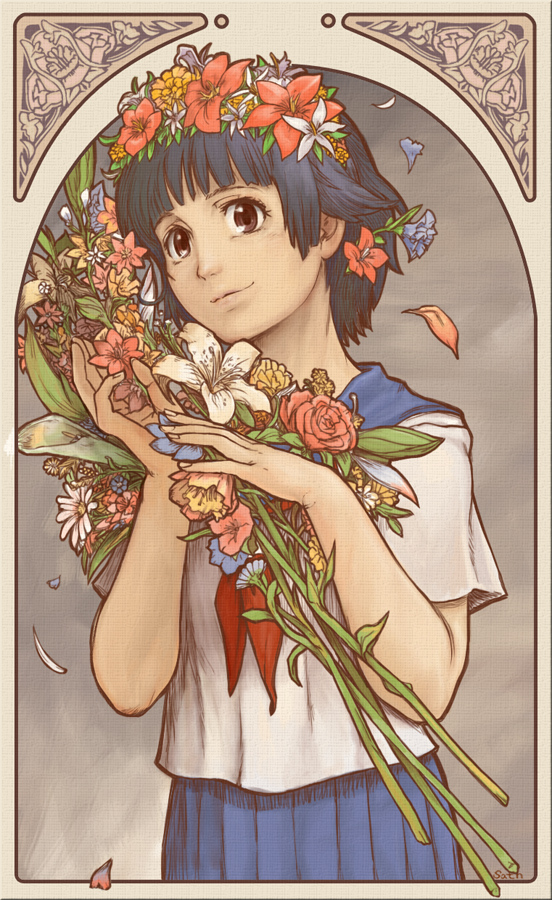 black_hair, bouquet, brown_eyes, flower, hair_flower, hair_ornament, head_wreath, kojamerii, school_uniform, serafuku, short_hair, smile, to_aru_kagaku_no_railgun, to_aru_majutsu_no_index, uiharu_kazari