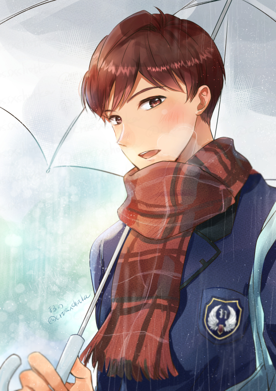 1boy, :o, akagi_kazuyuki, blush, brown_eyes, brown_hair, crossxshot, day