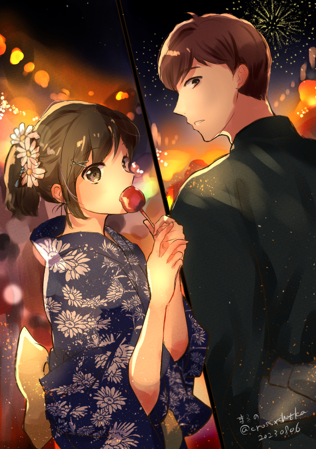 1boy, 1girl, aerial_fireworks, akagi_kazuyuki, black_kimono, brown_eyes, brown_hair, candy_apple