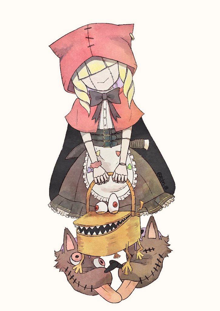 1girl, animal_shoes, apron, basket, black_dress, blonde_hair, chaperomon, covered_eyes