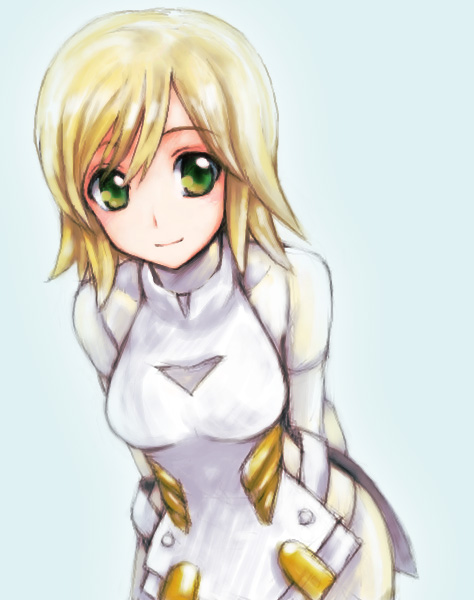 blonde_hair, bodysuit, green_eyes, hikabe_sakuho, leaning_forward, light_smile, microman, microsister_el