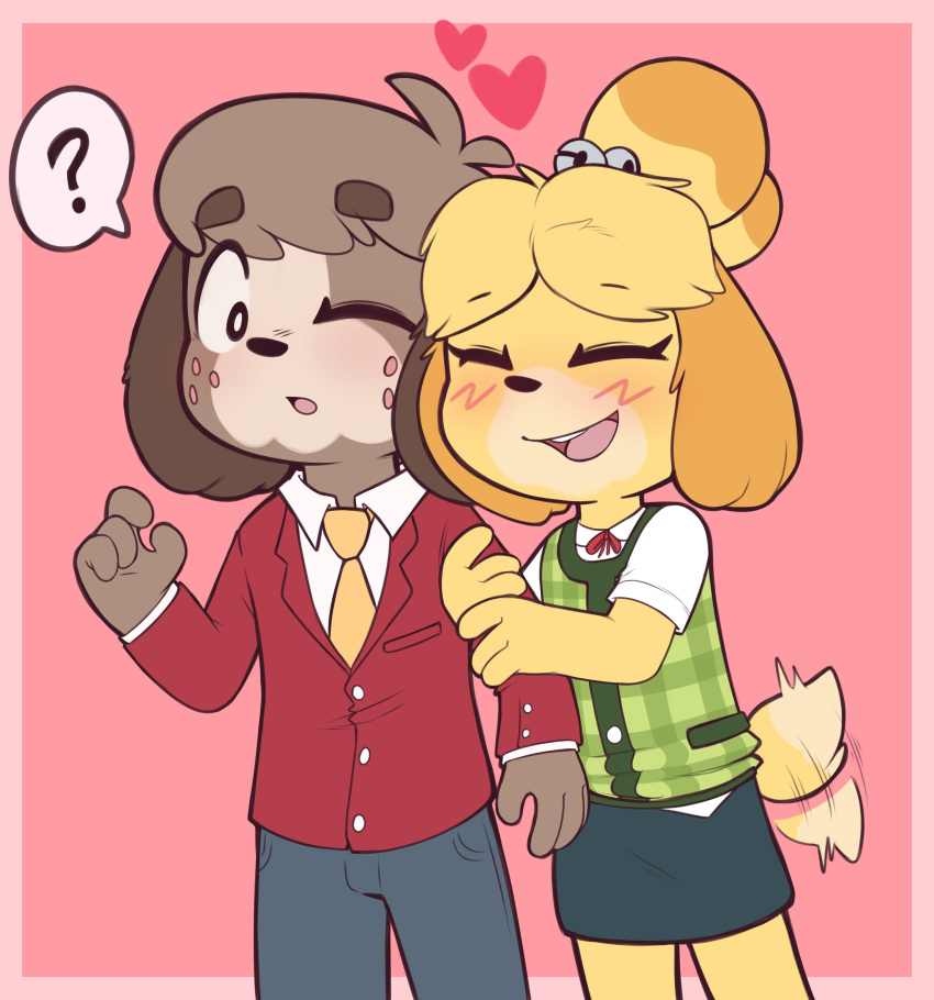 1boy, 1girl, ?, absurdres, animal_crossing, black_pants, black_skirt, blush