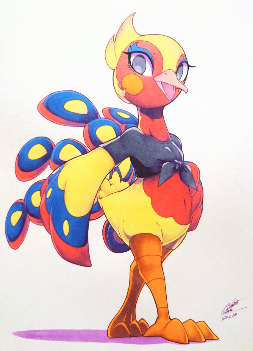025aki, absurdres, animal_crossing, beak, bird, black_shirt, dated, full_body