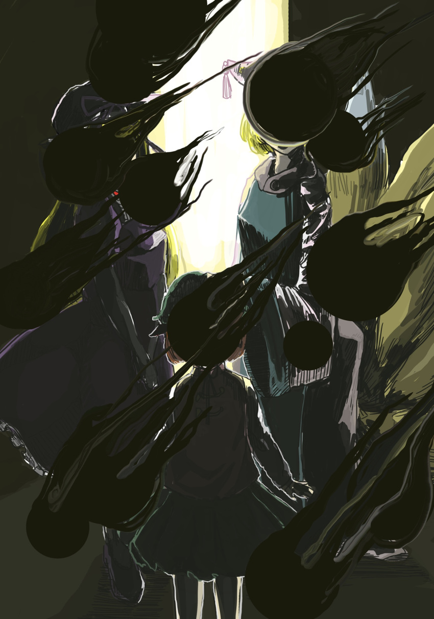3girls, animal_ears, animal_hat, blonde_hair, blue_tabard, cat_ears, cat_girl, chen