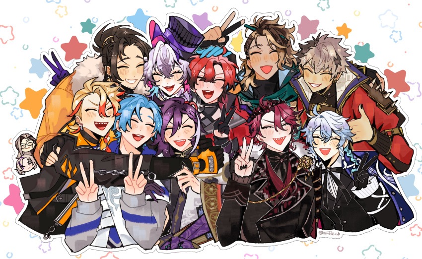6+boys, ^_^, absurdres, arm_around_shoulder, axel_syrios, banzoin_hakka, banzoin_hakka_(1st_costume), beard_stubble