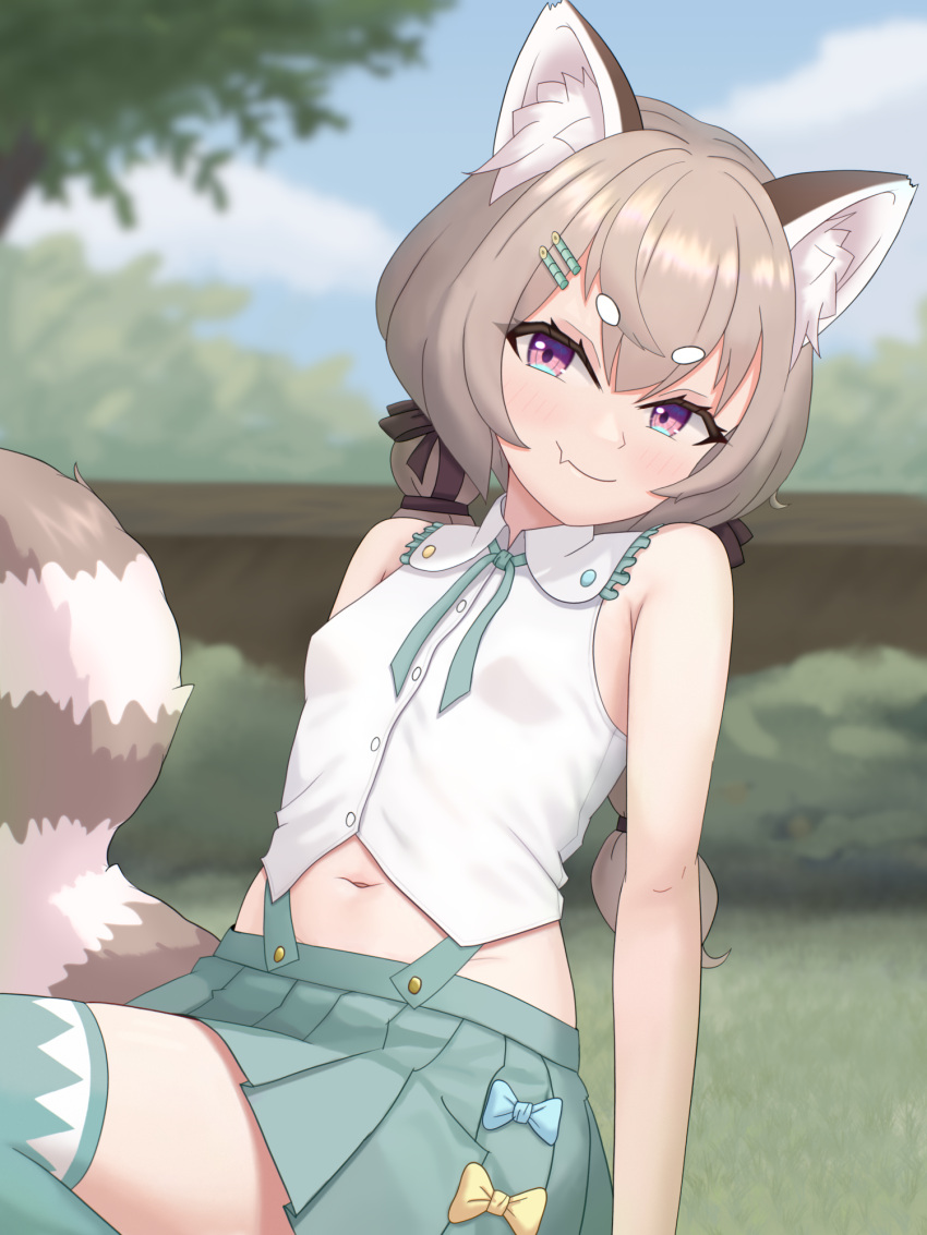 1girl, animal_ear_fluff, animal_ears, arm_support, blue_sky, blush, bow, braid