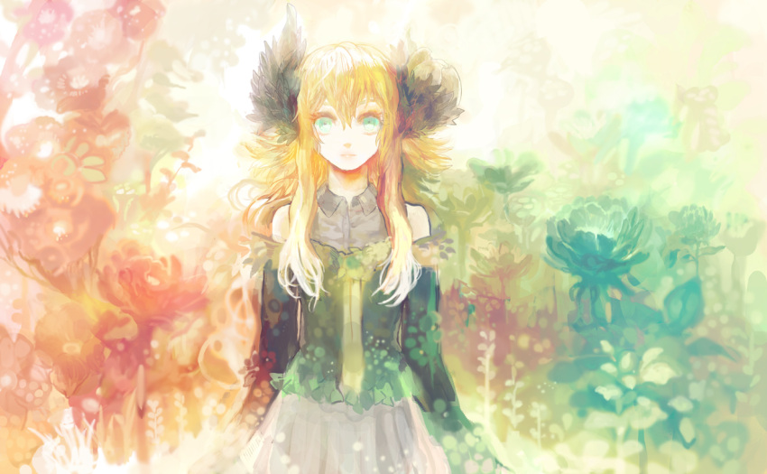 bare_shoulders, blonde_hair, chibi_(artist), chibi_(shimon), flower, long_hair, original, solo