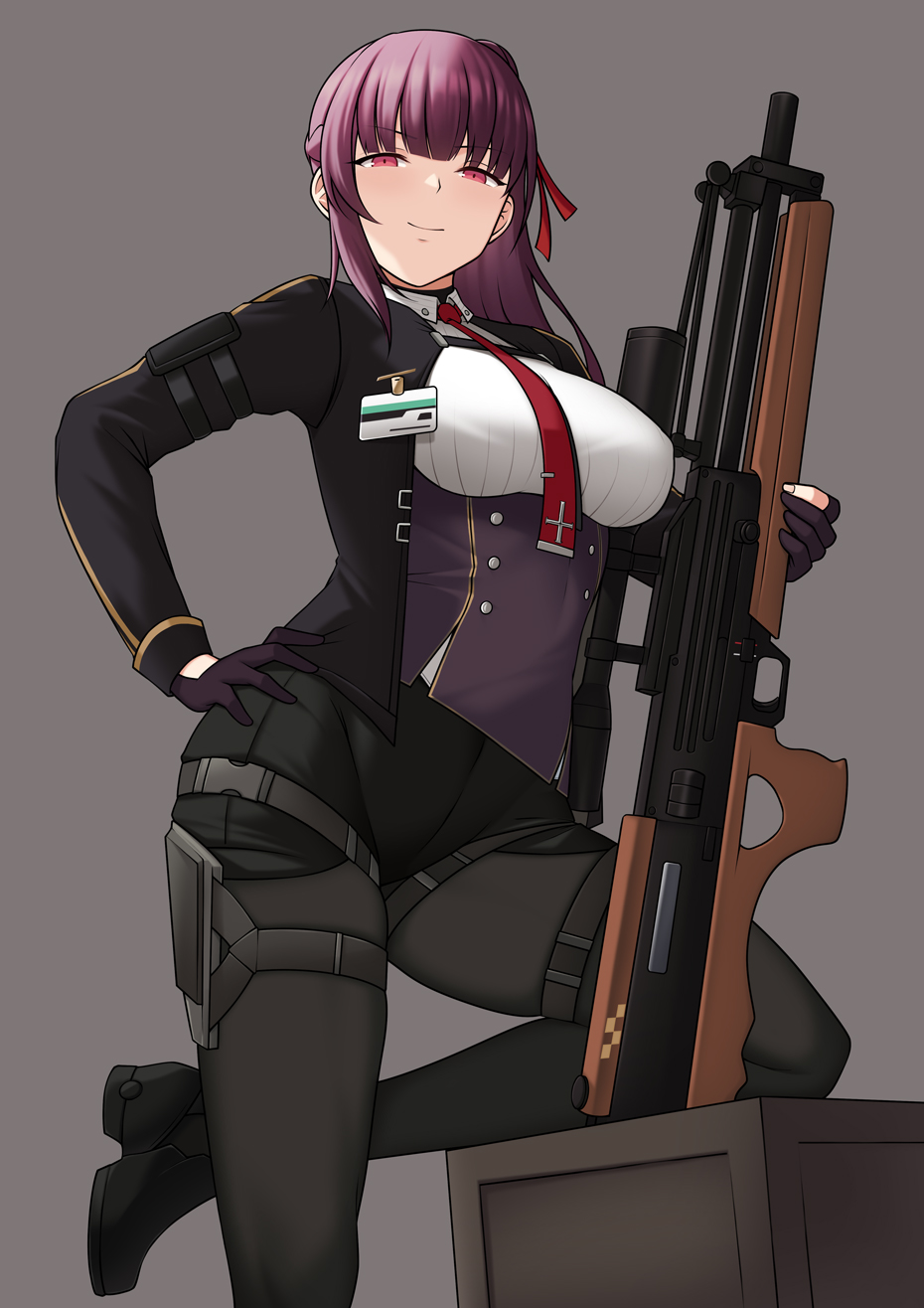 1girl, bbk_(13zk), between_breasts, black_footwear, black_jacket, black_pantyhose, box, breasts, bullpup, girls'_frontline_2:_exilium, girls_frontline, gloves, grey_background, gun, highres, holding, holding_gun, holding_weapon, id_card, jacket, leg_support, long_hair, looking_at_viewer, necktie, necktie_between_breasts, pantyhose, partially_fingerless_gloves, ponytail, purple_gloves, purple_hair, red_eyes, red_necktie, rifle, simple_background, smile, sniper_rifle, solo, wa2000_(girls'_frontline), walther, walther_wa_2000, weapon