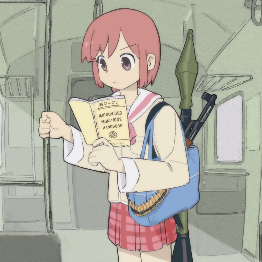 1girl, ammunition_belt, army_field_manual, bob_cut, brown_hair, fubarmoe, highres, jacket