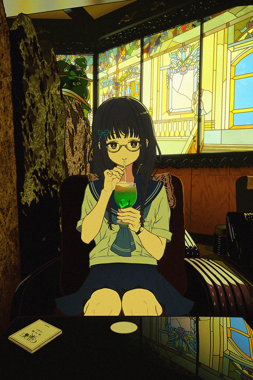 1girl, amemori_sayo, black_eyes, black_hair, blue_neckerchief, blue_ribbon, blue_sailor_collar, blue_skirt