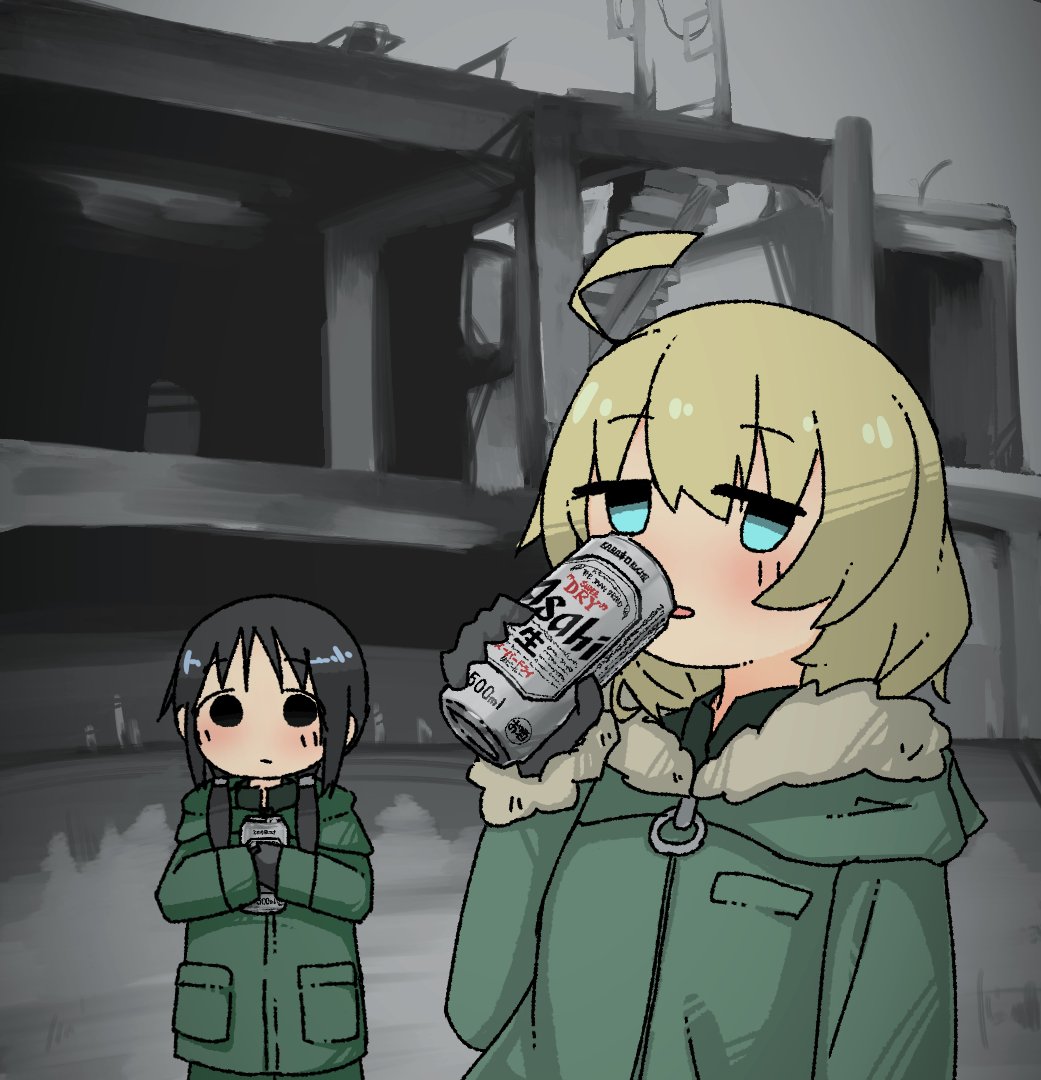 2girls, ahoge, alcohol, asahi_breweries, beer, beer_can, black_eyes, black_hair
