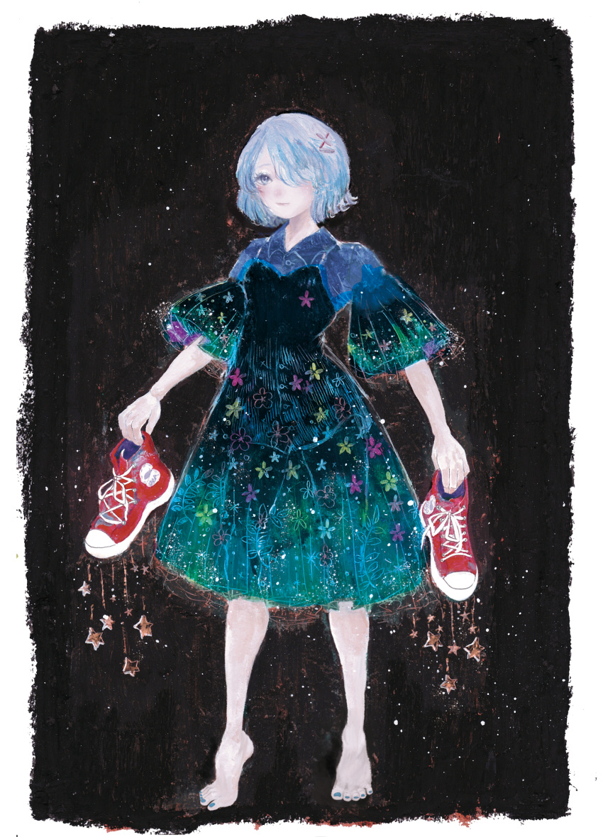 1girl, barefoot, black_background, blue_dress, blue_eyes, blue_hair, blue_nails, border