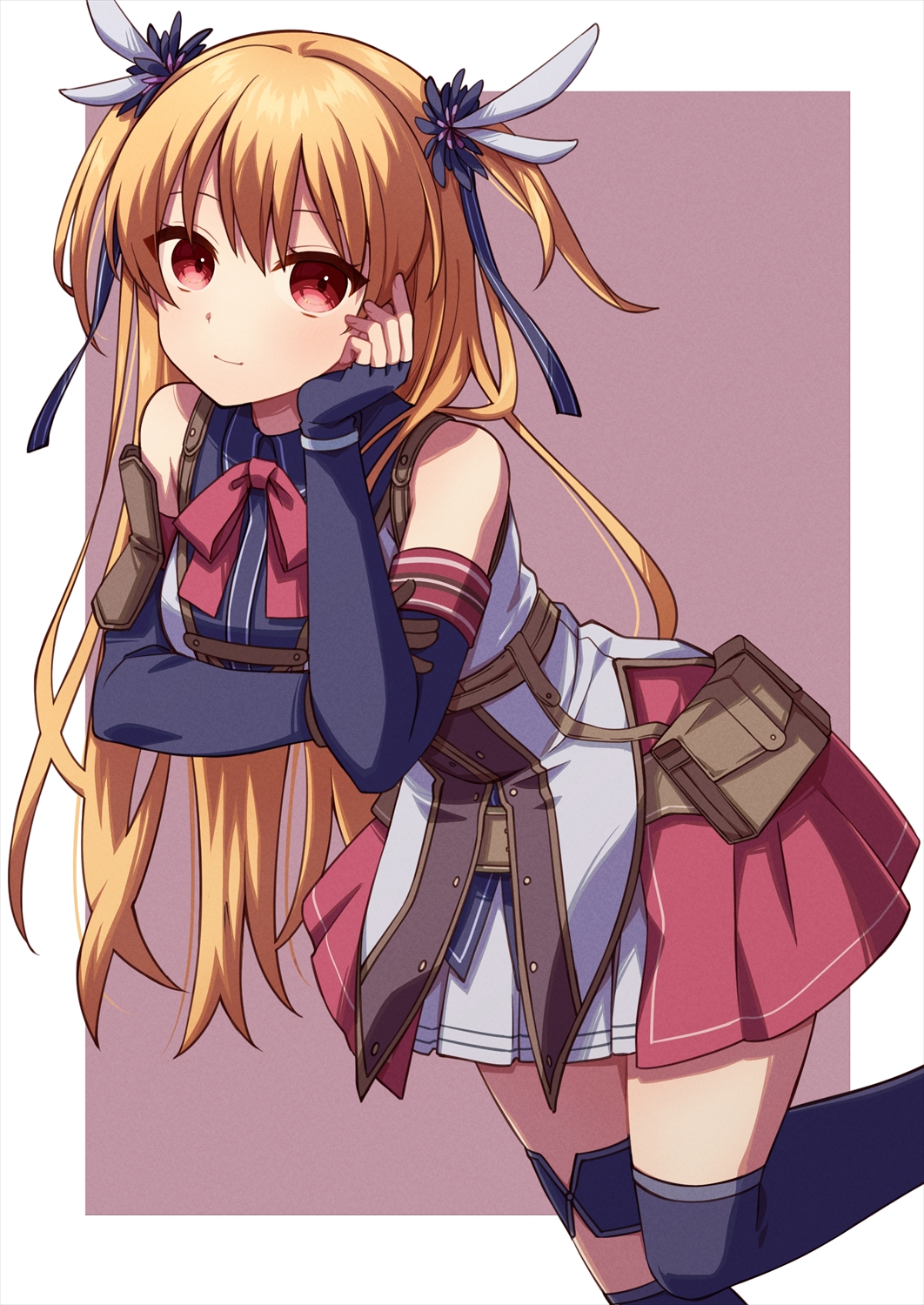 1girl, alisa_reinford, arm_under_breasts, bare_shoulders, black_flower, black_ribbon, black_thighhighs, blonde_hair