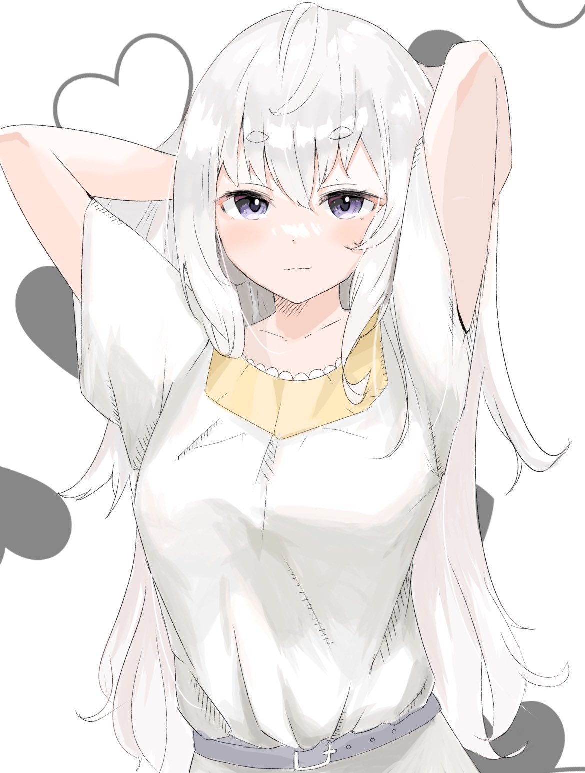 1girl, acorn12_o, arms_behind_back, belt, black_belt, blue_eyes, breasts, commentary_request, dress, hands_in_hair, highres, light_smile, long_hair, medium_breasts, original, solo, upper_body, white_dress, white_hair