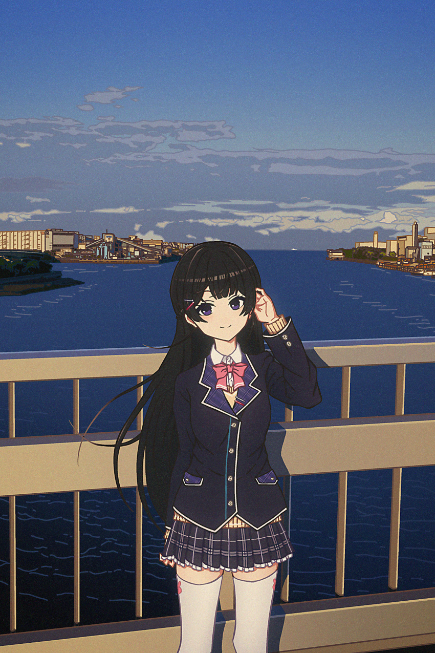 1girl, against_railing, arm_at_side, bangs_pinned_back, black_hair, black_jacket, black_skirt, blazer