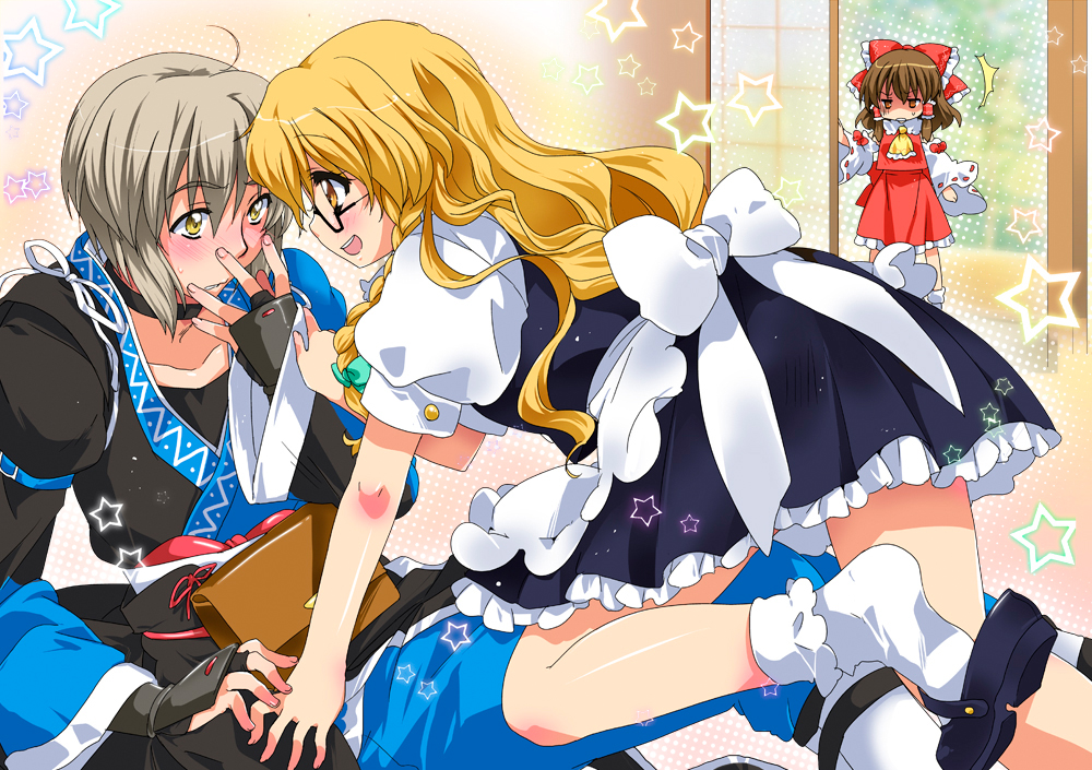 bespectacled, blonde_hair, blush, bow, braid, brown_hair, detached_sleeves, dream_maker, glasses, glasses_switch, hair_bow, hakurei_reimu, japanese_clothes, kirisame_marisa, long_hair, malino_(dream_maker), morichika_rinnosuke, no_glasses, red_eyes, shoe_dangle, short_hair, silver_hair, touhou, walk-in, yellow_eyes