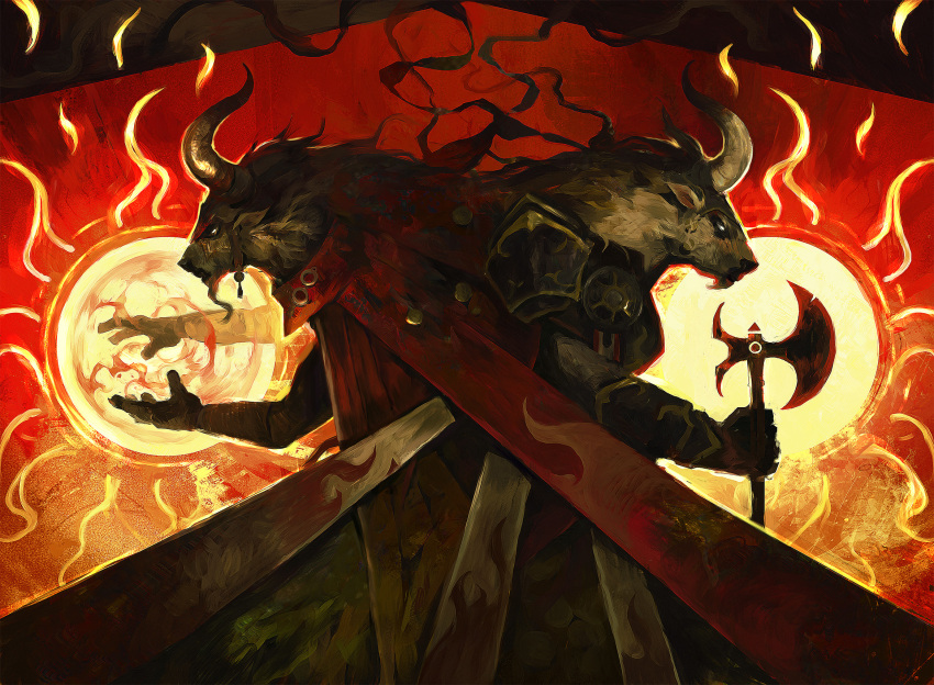 2boys, animal_ears, animal_nose, armor, axe, back-to-back, body_fur, breastplate, brown_fur, cape, casting_spell, commentary, cowboy_shot, dominik_mayer, english_commentary, fantasy, fire, from_side, furry, furry_male, highres, holding, holding_axe, horns, magic, magic:_the_gathering, male_focus, minotaur, multiple_boys, official_art, painterly, pauldrons, profile, red_background, red_cape, serious, shoulder_armor, standing, sun, symmetry