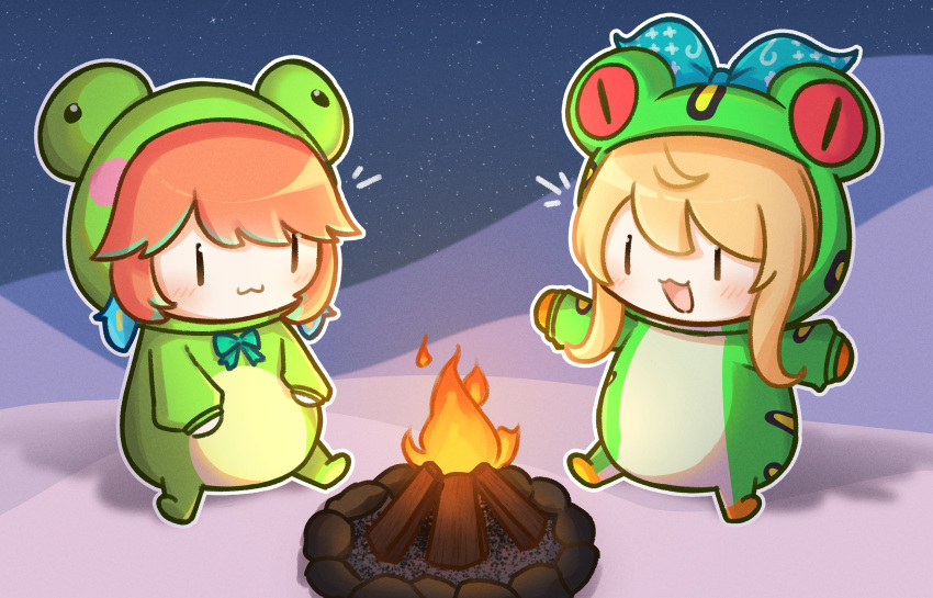 2girls, :3, absurdres, alternate_costume, alternate_form, animal_costume, blonde_hair, bonfire