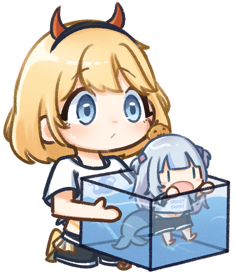 blonde_hair, blue_eyes, blush, chibi, chibi_only, commentary, demon_horns, english_commentary