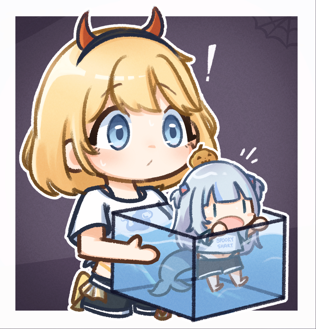 !, blonde_hair, blue_eyes, blush, chibi, chibi_only, commentary, demon_horns