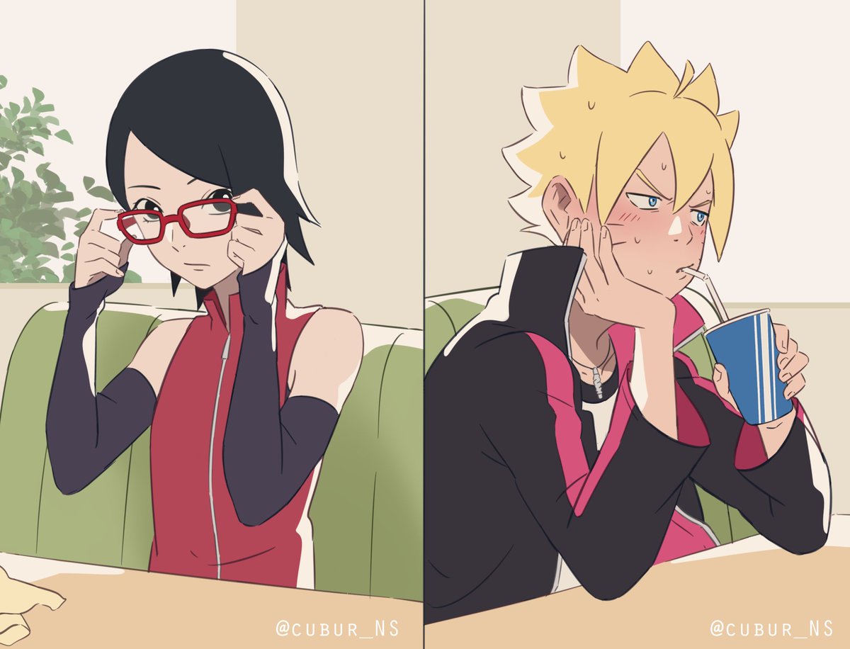 1boy, 1girl, black_eyes, black_hair, black_jacket, black_sleeves, blonde_hair, blue_eyes, blush, boruto:_naruto_next_generations, cubur_ns, cup, detached_sleeves, disposable_cup, facial_mark, glasses, holding, holding_cup, jacket, long_sleeves, looking_at_another, naruto_(series), red-framed_eyewear, short_hair, sitting, spiky_hair, table, twitter_username, uchiha_sarada, uzumaki_boruto