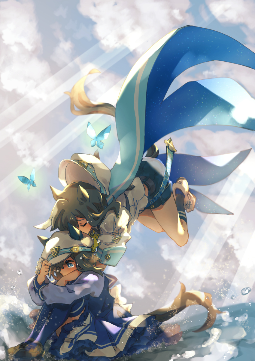 2girls, animal_ears, blue_butterfly, blue_eyes, blush, brown_hair, bug, butterfly