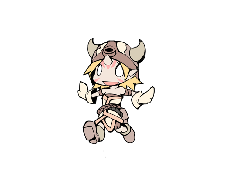 1girl, :d, bare_shoulders, belt, belt_pouch, black_belt, blank_eyes, bmp-to-png_conversion, brown_bag, brown_footwear, brown_headwear, chibi, facial_mark, fake_horns, frfr, full_body, game_cg, gloves, gob_(mon-musu_quest!), helmet, horned_helmet, horns, mon-musu_quest!, non-web_source, outstretched_arms, pale_skin, pointy_ears, pouch, running, simple_background, single_horn, smile, solo, transparent_background, white_gloves, white_tunic