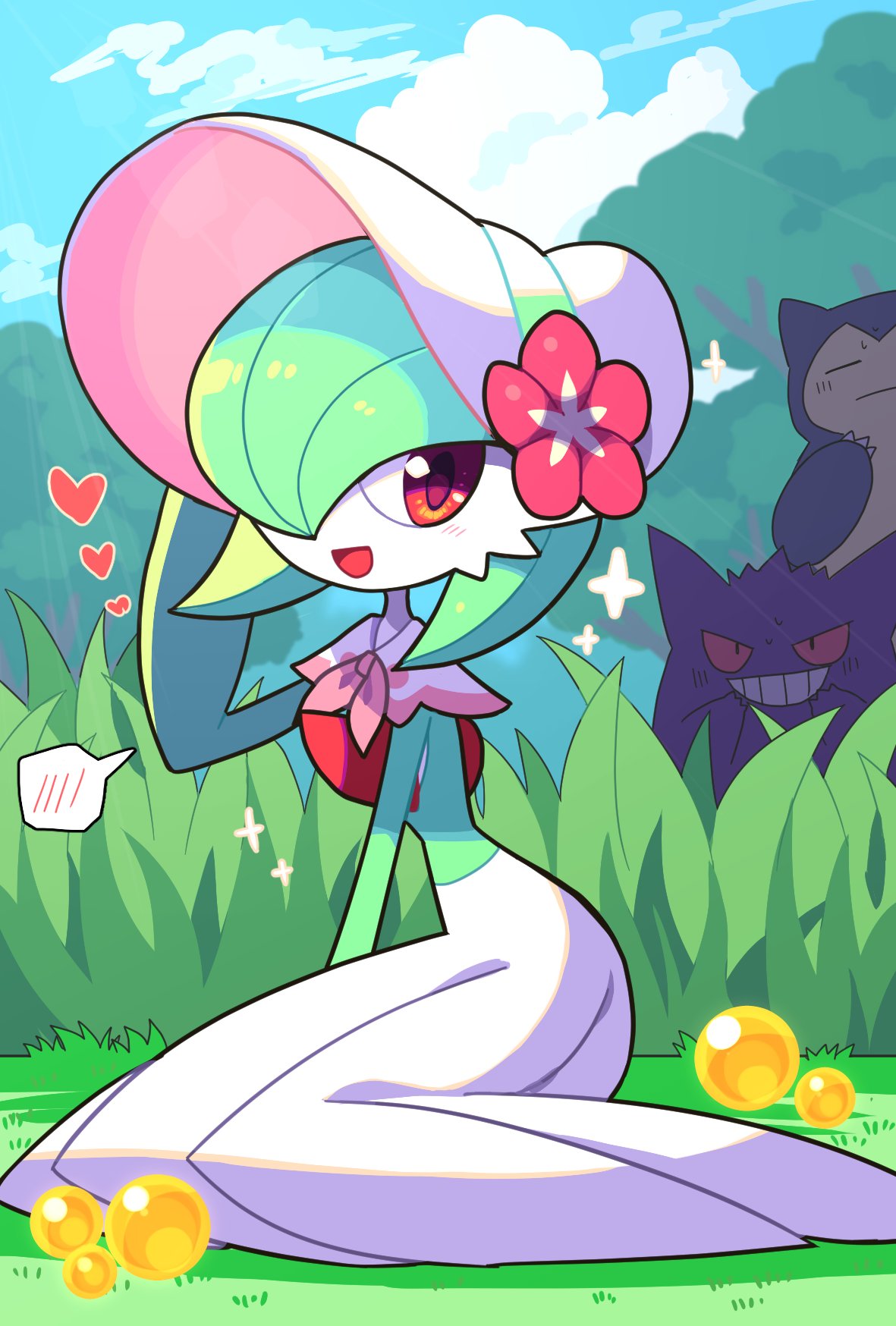 blue_sky, clouds, colored_skin, dress, flower, gardevoir, gardevoir_(fashionable), gengar