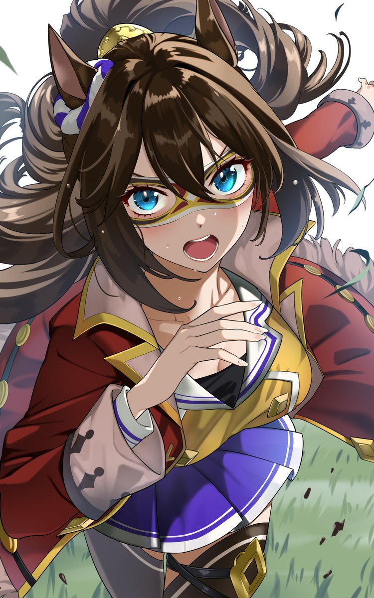 1girl, animal_ears, blue_eyes, breasts, brown_hair, collarbone, domino_mask, ear_ornament