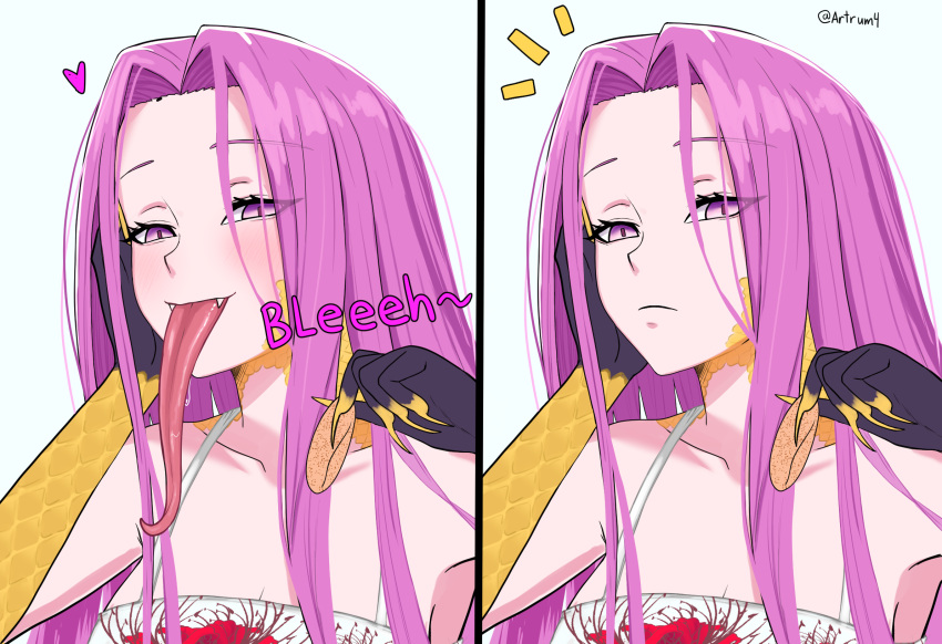 1girl, alternate_costume, artrum4, blush, chips_(food), closed_mouth, commentary, english_commentary, fangs, fate/grand_order, fate_(series), food, forehead, gorgon_(fate), head_rest, heart, highres, holding, holding_food, long_hair, long_tongue, looking_at_viewer, medusa_(fate), open_mouth, pink_hair, potato_chips, saliva, scales, simple_background, slit_pupils, solo, tongue, tongue_out, twitter_username, very_long_hair, violet_eyes, white_background, yellow_scales
