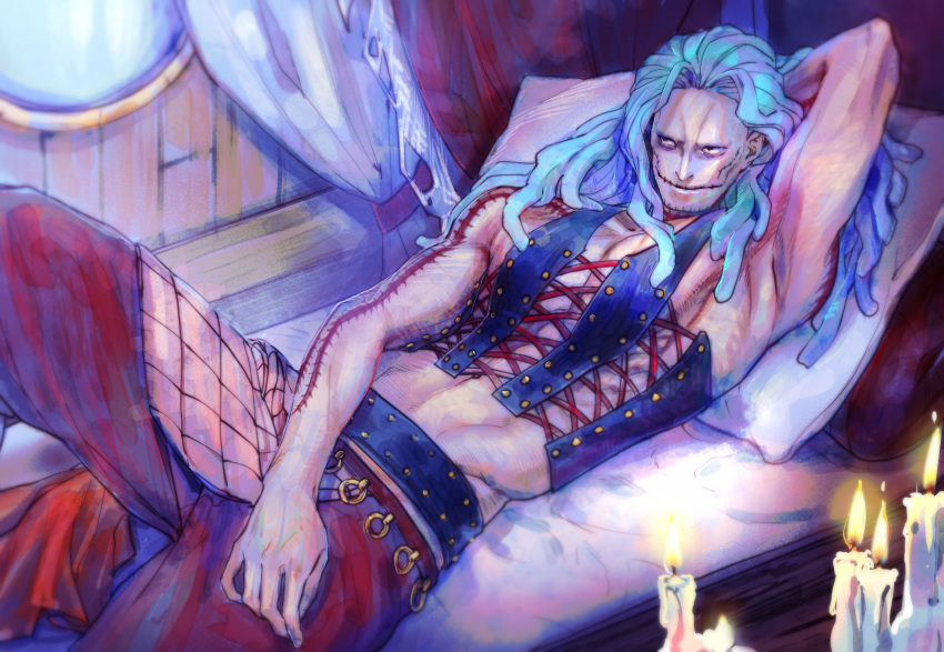 1boy, arm_behind_head, black_corset, blue_hair, candle, corset, dreadlocks, eg_(eastg111)