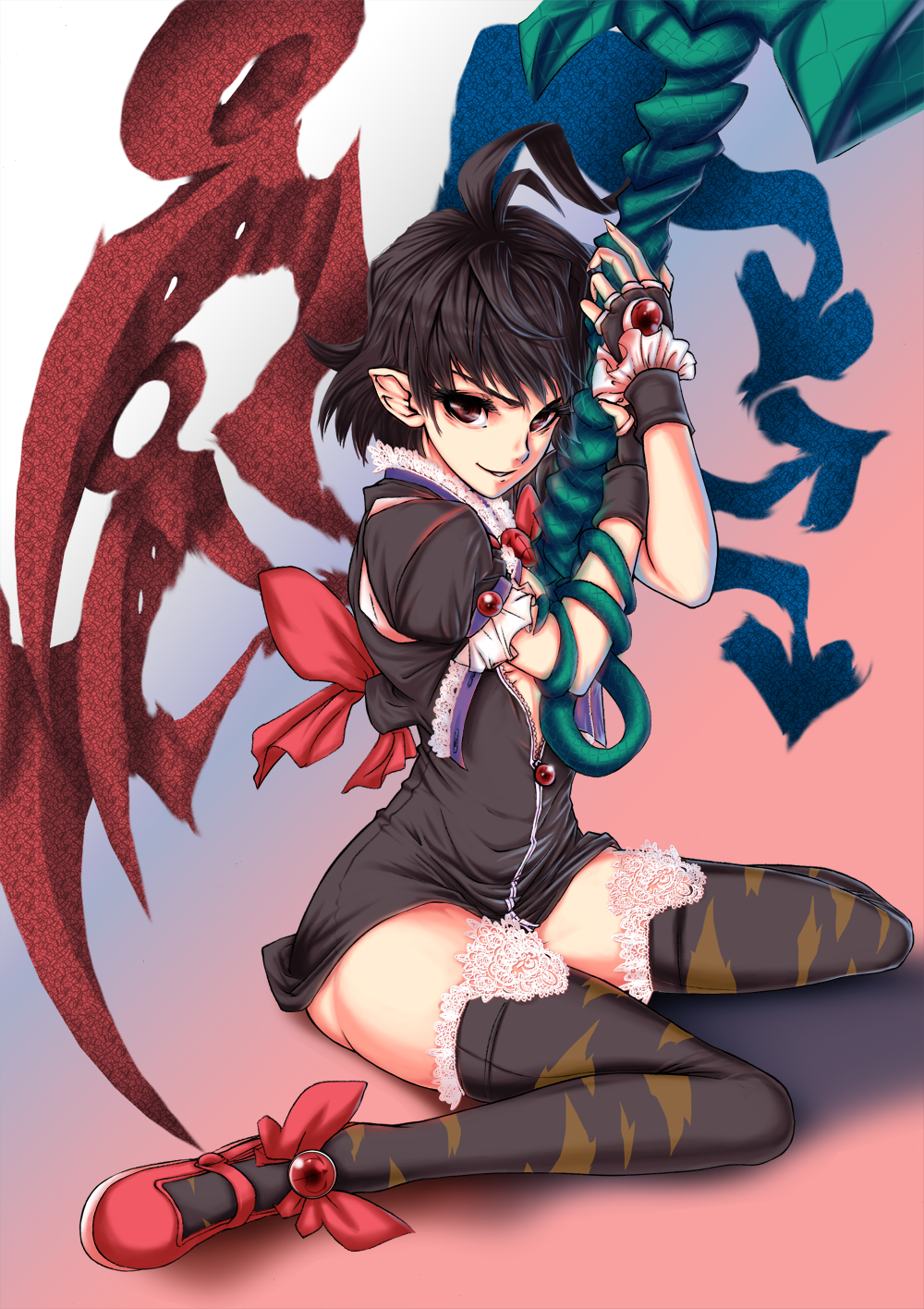 asymmetrical_wings, black_hair, black_legwear, black_thighhighs, brown_eyes, classictime, dress, embellished_costume