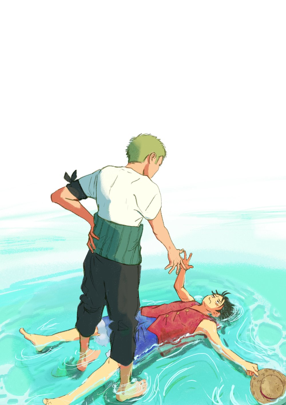 2boys, 7nawon, annoyed, bandana, bandana_around_arm, black_bandana, black_eyes, black_hair