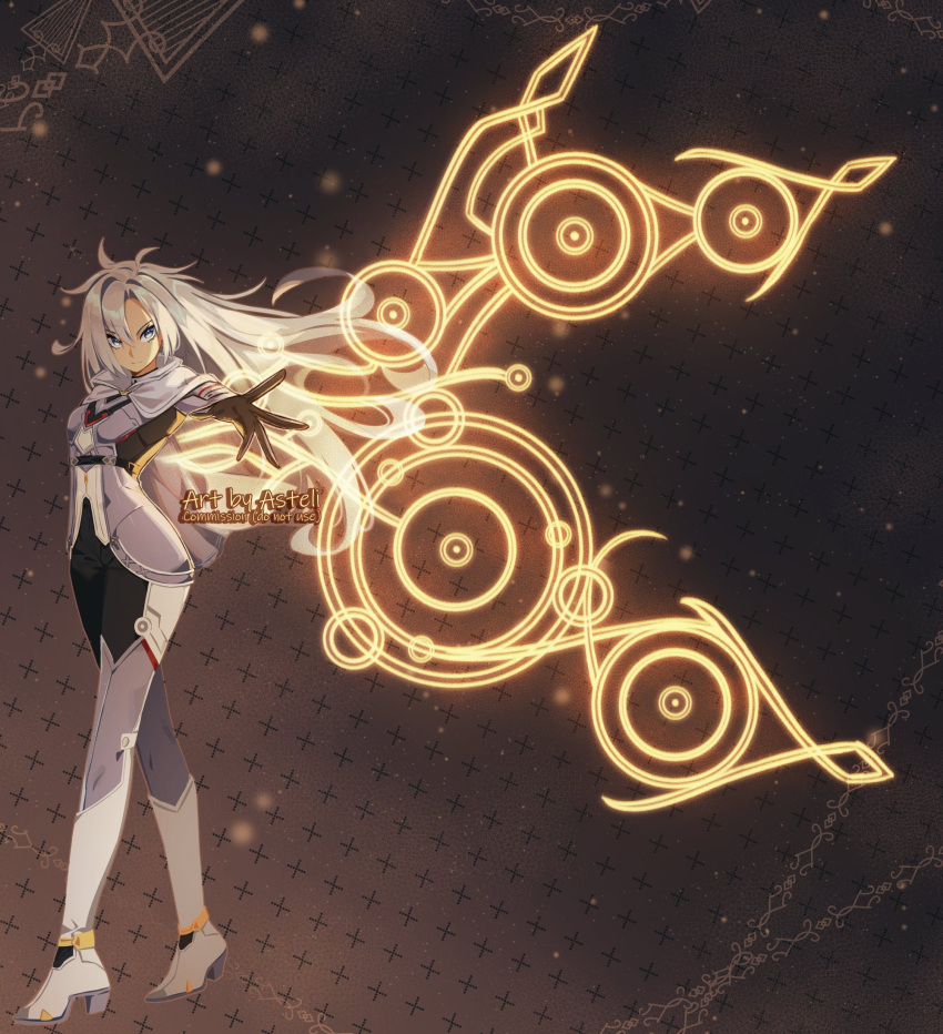 1other, a_(xenoblade), armored_bodysuit, asteli_i, black_gloves, blue_eyes, boots, brown_background, commission, full_body, gloves, gradient_background, grey_hair, high_heel_boots, high_heels, highres, long_hair, outstretched_arm, standing, white_footwear, wings, xenoblade_chronicles_(series), xenoblade_chronicles_3, xenoblade_chronicles_3:_future_redeemed