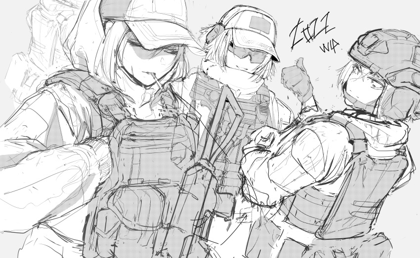 3girls, absurdres, ammunition_pouch, assault_rifle, baseball_cap, body_armor, braid, bulletproof_vest