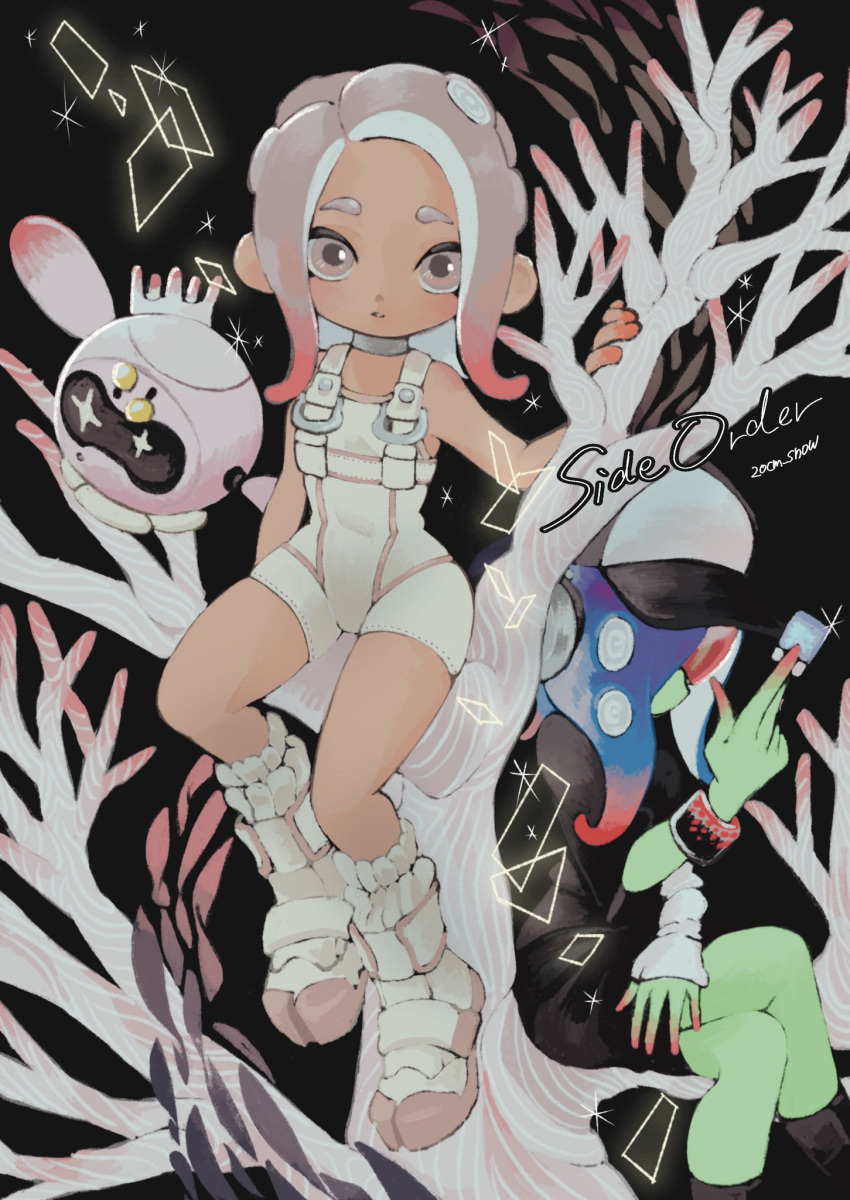 20cm_snow, 3girls, agent_8_(splatoon), arm_warmers, bare_shoulders, baseball_cap, between_fingers, black_background