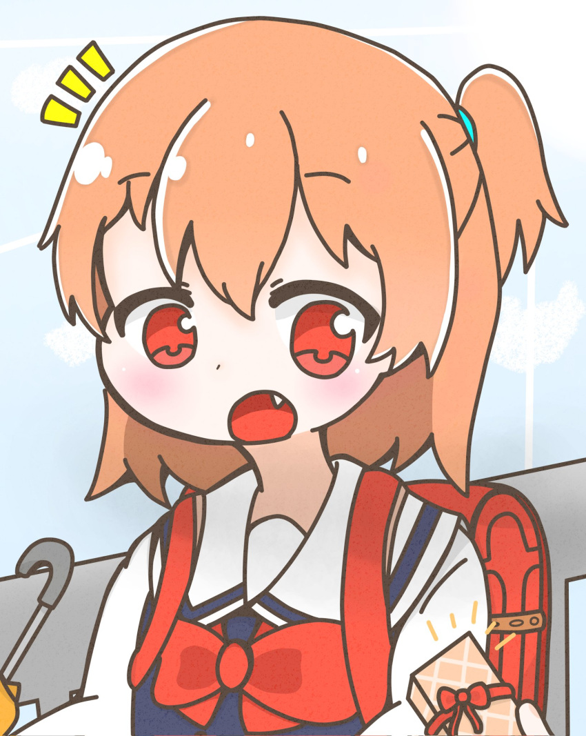 backpack, bag, gift, highres, holding, holding_gift, hoshino_hinata, open_mouth, randoseru, sailor_collar, school_uniform, shoubu01170710, umbrella, watashi_ni_tenshi_ga_maiorita!