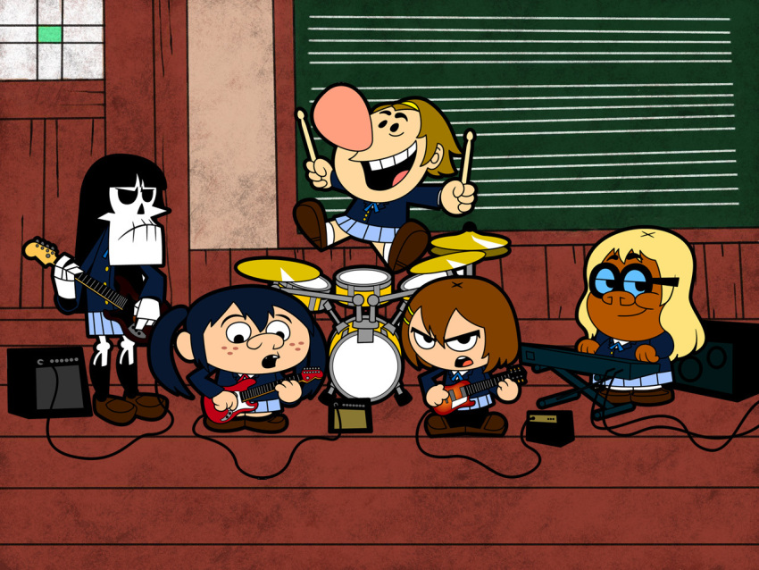 akiyama_mio_(cosplay), bass_guitar, billy, cosplay, crossover, drum, drum_set, electric_guitar