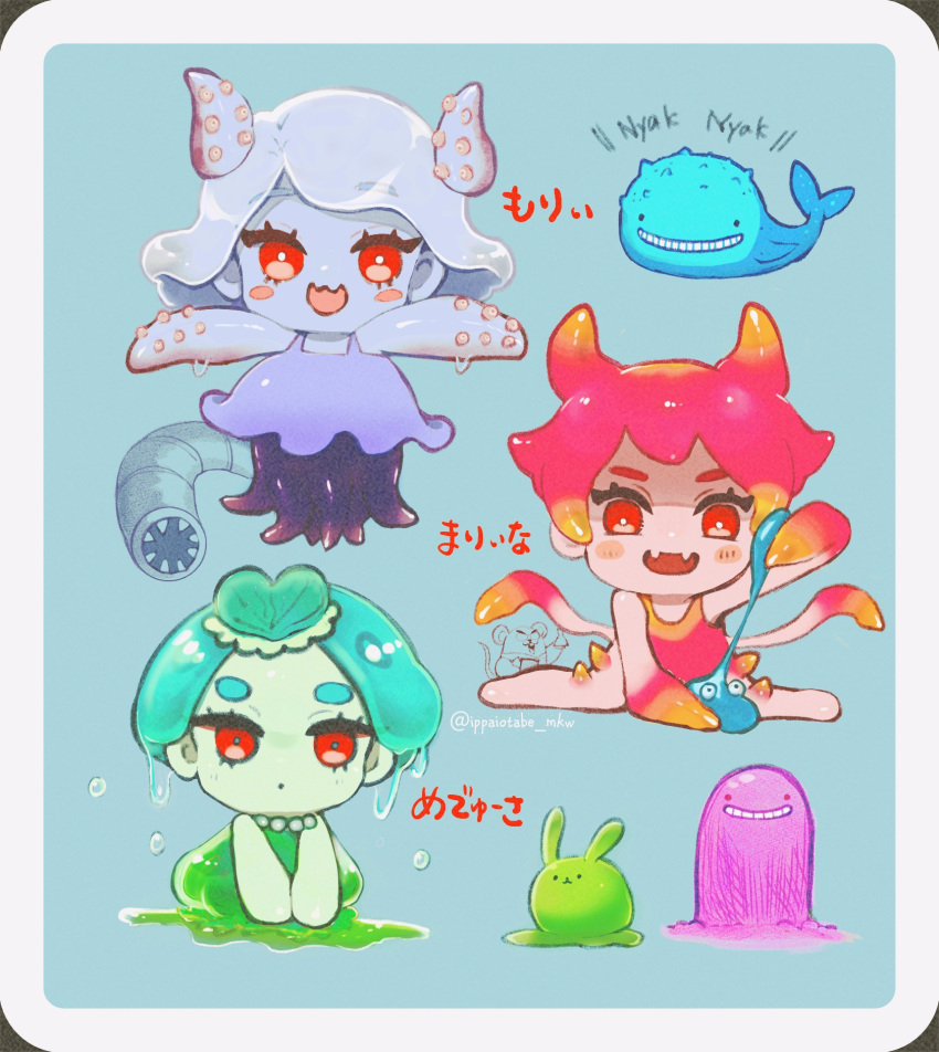 3girls, aged_down, animal, baby, blue_background, blue_dress, blue_skin, blush_stickers