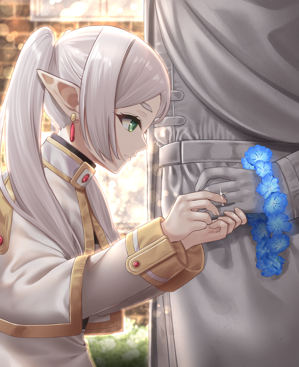 1girl, adjusting_ring, blurry, capelet, commentary_request, dangle_earrings, depth_of_field, dress, earrings, elf, forehead, frieren, green_eyes, highres, himmel_(sousou_no_frieren), ine_(ineinnen), jewelry, leaning_forward, long_hair, long_sleeves, outdoors, parted_bangs, pointy_ears, profile, ring, sidelocks, solo, sousou_no_frieren, statue, thick_eyebrows, white_capelet, white_dress, white_hair