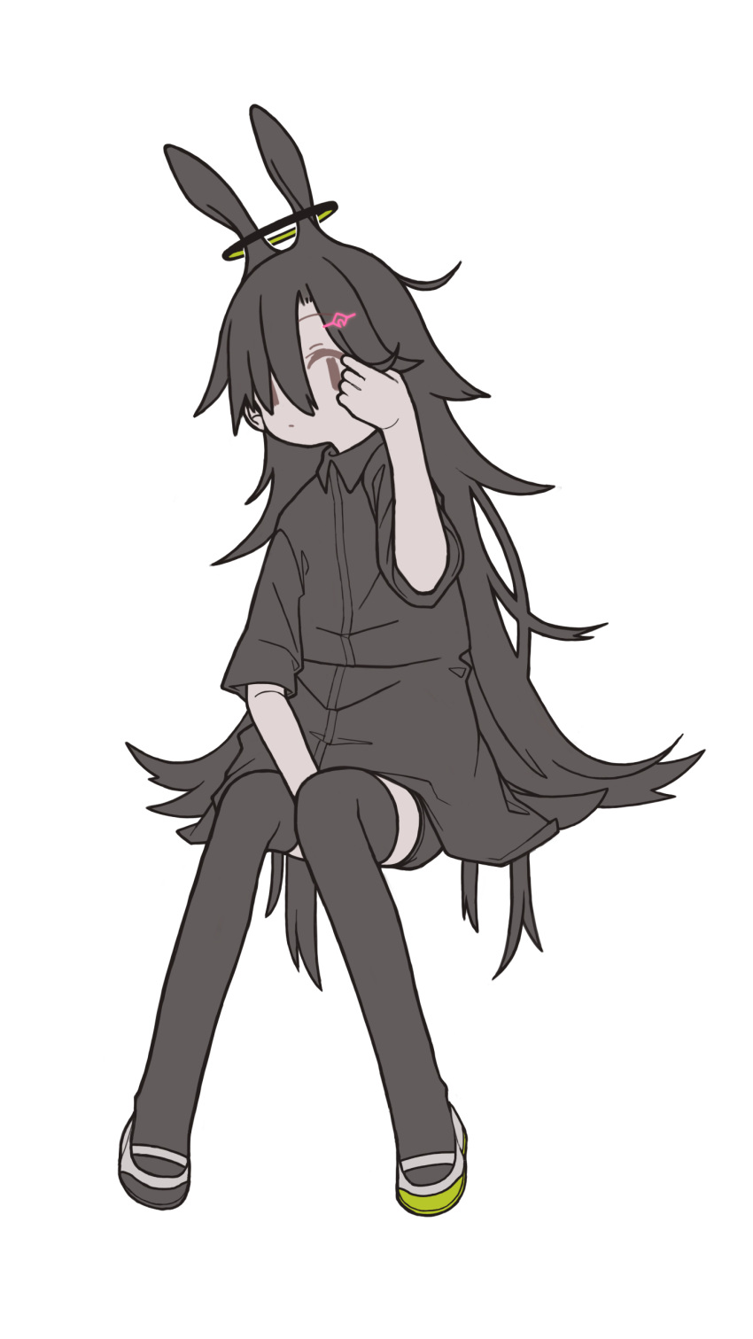 1girl, absurdres, adjusting_hair, animal_ears, arm_behind_leg, asymmetrical_footwear, black_hair, black_shirt