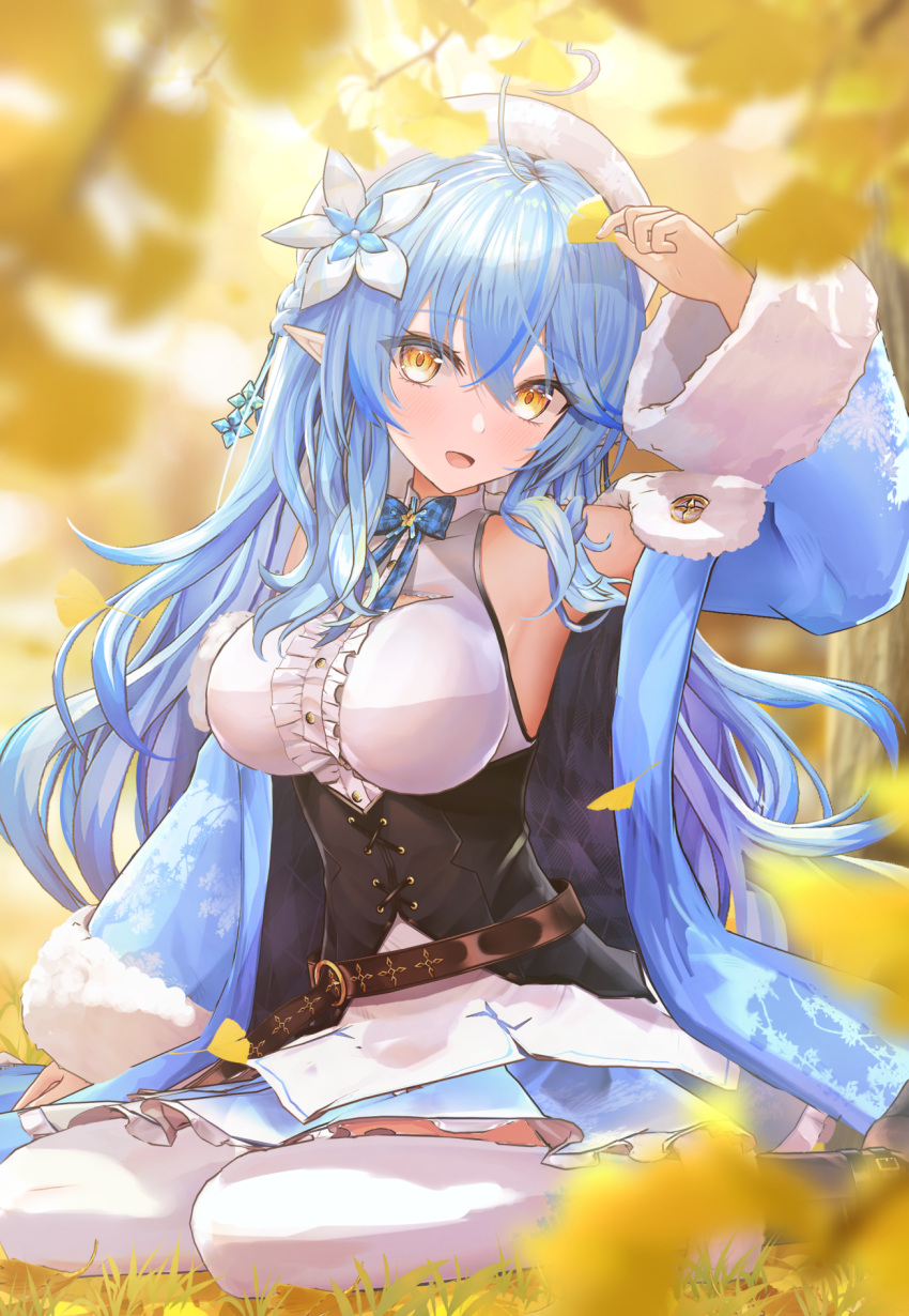 1girl, :d, ahoge, arm_at_side, arm_up, autumn, autumn_leaves, bare_shoulders