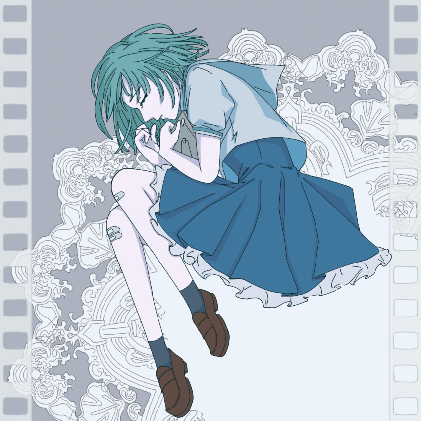 1girl, ado_(utaite), akuru-chan_(ado), bandaid, bandaid_on_knee, bandaid_on_leg, blue_hair, blue_sailor_collar
