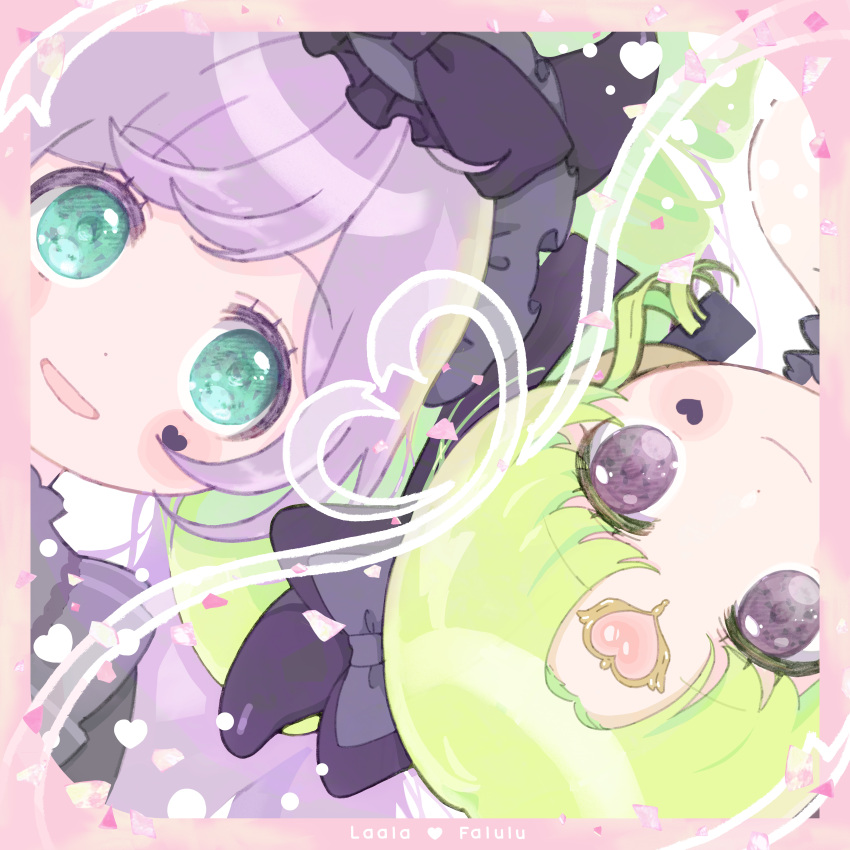 2girls, absurdres, blush_stickers, border, facial_mark, fake_horns, falulu, forehead_jewel